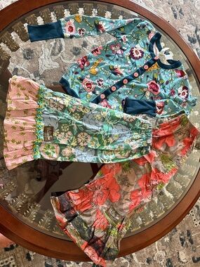 Matilda Jane Girls Floral cardigan , big ruffle pants and capri